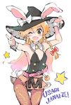  ;d adapted_costume animal_ears belt blonde_hair bow braid brown_eyes bunny_ears bunny_tail bunnysuit ears_through_headwear fishnets hat kirisame_marisa long_hair one_eye_closed open_mouth pantyhose puuakachan romaji side_braid smile solo tail thigh_gap touhou witch_hat wrist_cuffs 