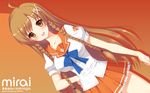  ahoge artist_name braid brown_eyes brown_hair character_name culture_japan hand_on_hip highres huge_filesize long_hair open_mouth orange_background pleated_skirt school_uniform shirahane_nao skirt solo suenaga_mirai twin_braids wallpaper 