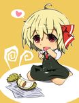  ahoge altronage blonde_hair blush chibi dress drooling durian eating fang food fruit hair_ribbon heart red_eyes ribbon rumia short_hair sitting solo spoken_heart touhou wariza 