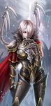  armor banned_artist bone cape contrapposto gauntlets hair_over_one_eye highres pale_skin silver_hair smirk standing warhammer_40k wings yinan_cui 