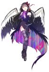  akemi_homura akuma_homura argyle argyle_legwear bare_shoulders black_gloves black_hair black_wings bow choker dark_orb_(madoka_magica) dress elbow_gloves feathered_wings gloves hair_bow highres long_hair looking_to_the_side mahou_shoujo_madoka_magica mahou_shoujo_madoka_magica_movie null_(chronix) purple_eyes simple_background solo spoilers thighhighs white_background wings zettai_ryouiki 