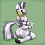  anthro anthrofied black_hair blue_eyes breasts butt devs-iratvs equine female friendship_is_magic gold hair looking_at_viewer looking_back mammal mohawk my_little_pony neck_rings nipples piercing solo stripes white_hair zebra zecora_(mlp) 