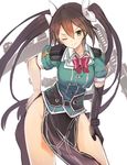  black_gloves bow bowtie breasts brown_hair commentary contrapposto elbow_gloves gloves green_eyes hair_between_eyes hair_bow hand_on_hip highres kantai_collection leaning_forward loincloth long_hair mecha_musume medium_breasts no_panties one_eye_closed pelvic_curtain remodel_(kantai_collection) simple_background single_elbow_glove smile solo standing sumisu_(mondo) tone_(kantai_collection) twintails very_long_hair white_background 