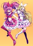  blonde_hair blue_eyes boots bow choker cure_melody cure_rhythm frills green_eyes houjou_hibiki jewelry long_hair magical_girl midriff minamino_kanade multiple_girls open_mouth pink_bow pink_choker pink_hair precure ribbon skirt smile suite_precure takanashi_ringo thighhighs twintails white_choker 