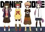  5jo_utage alternate_costume brown_eyes casual collarbone contemporary donut_hole_(vocaloid) full_body hat hatsuharu_(kantai_collection) hatsushimo_(kantai_collection) kantai_collection looking_at_viewer multiple_girls nenohi_(kantai_collection) purple_eyes standing wakaba_(kantai_collection) 