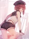  alternate_costume artist_name brown_eyes brown_hair clothes_writing denim denim_shorts from_behind hat kantai_collection looking_back midriff sailor_collar short_hair short_shorts shorts sketch solo sumisu_(mondo) wristband z3_max_schultz_(kantai_collection) 