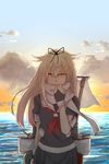  bangs blonde_hair cloud hair_flaps hair_ribbon kantai_collection long_hair looking_at_viewer machinery neckerchief orange_eyes red_eyes red_neckwear remodel_(kantai_collection) ribbon scarf solo sunset tsukamoto_minori water yuudachi_(kantai_collection) 