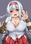  against_glass blush breast_press breasts brown_eyes cleavage gloves hairband japanese_clothes kantai_collection large_breasts long_hair looking_at_viewer open_mouth partly_fingerless_gloves satou_samu shoukaku_(kantai_collection) silver_hair single_glove skirt solo twitter_username yugake 