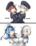  4girls :o beret blue_eyes blue_hair breast_press breasts brown_eyes brown_hair character_name clothes_writing commentary_request comparison directional_arrow double_bun dress elbow_gloves gloves hair_ornament hair_over_one_eye hairclip hamakaze_(kantai_collection) hat highres hug kaminagi_(kaminagi-tei) kantai_collection large_breasts long_hair motion_lines multiple_girls parted_lips sailor_collar sailor_dress sailor_hat school_uniform serafuku short_hair short_sleeves silver_hair simple_background sleeves_rolled_up speech_bubble spoken_ellipsis squiggle symmetrical_docking urakaze_(kantai_collection) white_background white_hat z1_leberecht_maass_(kantai_collection) z3_max_schultz_(kantai_collection) 