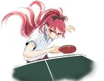  bow damenano104 grin gym_uniform hair_bow long_hair mahou_shoujo_madoka_magica parody ping_pong_(manga) ponytail red_eyes red_hair sakura_kyouko smile solo sweat table_tennis 