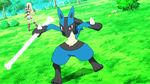  1girl animated animated_gif battle blue_sky forest grass gym_leader koruni_(pokemon) lucario nature nintendo pokemon pokemon_(anime) sky tree two_side_up 