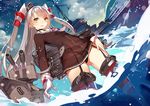  amatsukaze_(kantai_collection) black_panties choker dress garter_straps gloves kantai_collection long_hair military military_vehicle o_o panties partially_underwater_shot red_legwear rensouhou-kun sailor_dress samail ship short_dress silver_hair smile striped striped_legwear thighhighs underwear wading warship water watercraft white_gloves yellow_eyes zettai_ryouiki 