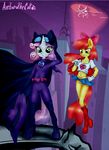  amber_eyes anibaruthecat anthro anthrofied apple_bloom_(mlp) bow building clothing costume duo equine eyelashes female friendship_is_magic green_eyes grin hair hat holding horn horse mammal mare_do_well_(mlp) my_little_pony navel outside panties pointing pony red_hair standing supergirl sweetie_belle_(mlp) two_tone_hair underwear unicorn 