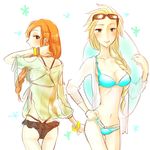  2girls anna_(frozen) bikini blonde_hair blue_eyes braid breasts disney elsa_(frozen) frozen_(disney) glasses green_eyes multiple_girls orange_hair shirt siblings sisters swimsuit takeshi_(ken_03_05) 