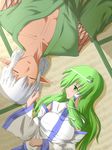  1girl blush buront closed_eyes crossover detached_sleeves final_fantasy final_fantasy_xi fueiku green_eyes green_hair hair_tubes kochiya_sanae long_hair pointy_ears short_hair silver_hair sleeping smile the_iron_of_yin_and_yang touhou 