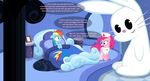  2014 bed blue_eyes blue_fur blush cutie_mark dialog duo earth_pony english_text equine eyes_closed female feral friendship_is_magic fur hair hi_res horse hug lagomorph mammal multi-colored_hair my_little_pony open_mouth pillow pink_fur pink_hair pinkie_pie_(mlp) plushie pony purple_eyes rabbit rainbow_dash_(mlp) rainbow_hair smile text zacatron94 