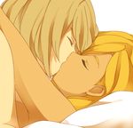  1girl bad_id bad_pixiv_id blonde_hair brown_hair close-up closed_eyes einamu hetero inazuma_eleven_(series) inazuma_eleven_go inazuma_eleven_go_chrono_stone kiss lying on_back reiza sekina shirtless simple_background topless white_background 