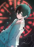  bad_id bad_pixiv_id black_background black_eyes black_hair highres hospital_gown kagerou_project kokonose_haruka looking_at_viewer male_focus mole mole_under_eye outstretched_hand ryukadomatsu serious snake solo spoilers water_drop 