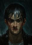  2013 batman_(series) black_eye black_hair blood blood_on_face blue_eyes dc_comics injury jacket jason_todd leather leather_jacket male male_focus multicolored_hair nick_robles nosebleed portrait rain realistic red_hood red_hood_(dc) solo two-tone_hair wet 