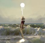  1other androgynous artist_request crystal_hair diamond_(houseki_no_kuni) from_behind gem_uniform_(houseki_no_kuni) houseki_no_kuni ocean scenery short_hair sky solo sword water waves weapon 