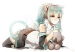  2014 absurdres animal_ears black_eyes cat_ears cat_tail dated detached_sleeves fang green_hair hatsune_miku headphones highres long_hair lying necktie paws shiimai skirt smile solo tail thighhighs twintails vocaloid white_background wings 