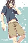  bespectacled brown_hair english fudou_akio glasses inazuma_eleven_(series) inazuma_eleven_go jewelry long_hair male_focus navel necklace open_mouth saku_anna solo 