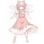  bow cirno dress hair_bow hand_on_own_chest highres ice ice_wings kuro_suto_sukii looking_at_viewer puffy_short_sleeves puffy_sleeves shirt short_sleeves sketch smile socks solo touhou wings 