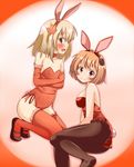  a-ktoo aki_minoriko aki_shizuha alternate_costume animal_ears blonde_hair blush_stickers breasts bunny_ears bunny_tail bunnysuit covering covering_breasts elbow_gloves embarrassed food fruit gloves grapes hairband highres kneeling looking_at_viewer lying multiple_girls off_shoulder on_side pantyhose red_legwear seiza short_hair siblings sisters sitting small_breasts tail tears thighhighs touhou 
