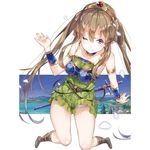  bare_legs bare_shoulders belt boots brown_hair choker dress dress_lift elf highres jewelry long_hair myucel_foalan one_eye_closed outbreak_company panties pointy_ears purple_eyes ribbon smile solo sword tiara twintails underwear weapon white_panties yuugen 