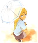  alternate_hairstyle blank_eyes blonde_hair blue_eyes braid from_behind hair_ornament hairclip inazuma_eleven_(series) inazuma_eleven_go inazuma_eleven_go_chrono_stone long_hair looking_at_viewer looking_back no_pupils reiza sekina solo squatting transparent transparent_umbrella umbrella white_background 