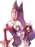  animal_ears armor black_dress breasts brown_hair choker cleavage dress fox_ears fox_tail hair_between_eyes hand_on_hip large_breasts leaning_forward looking_at_viewer open_mouth original purple_eyes short_dress simple_background solo sumisu_(mondo) sword tail weapon white_background 