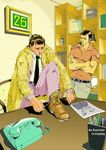  absurdres bookshelf boots brown_hair columbo columbo_(detective) crossed_arms formal highres multiple_boys necktie photo_(object) polo_shirt raincoat shoes suit tying_shoes 