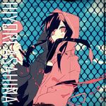 alternate_costume asahina_hiyori bad_id bad_pixiv_id black_hair chain-link_fence character_name daze_(kagerou_project) fence hood hoodie kagerou_project looking_at_viewer lunch_(lunchicken) paint paint_roller paint_splatter sky solo twintails 
