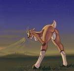  black_nose breasts butt female field gazelle grass hills hooves horn landscape looking_at_viewer looking_back mountain night nude outside pussy red_eyes siyah smile sunset 