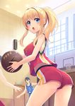  :o ass bangs bare_arms bare_shoulders basketball basketball_uniform blonde_hair blue_eyes blush bra breasts ceiling commentary_request cowboy_shot door eyebrows_visible_through_hair from_side green_panties holding indoors large_breasts long_hair looking_at_viewer looking_to_the_side open_mouth original oyaji-sou panties playing_sports ponytail sidelocks sleeveless solo_focus sport sportswear underwear v-shaped_eyebrows 