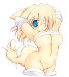  animal_ears armpits arms_up blue_eyes bottomless breasts large_breasts long_hair navel no_pupils one_eye_closed original sakaki_(noi-gren) simple_background solo tail white_background 