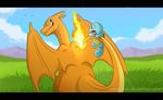  charizard cloud dragon feral field fire grass izzyreddragon looking_back nintendo open_mouth outside pok&#233;mon pok&eacute;mon raised_tail scalie shell sky smirk squirtle standing surprise teeth tongue video_games wings 