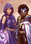  1boy 1girl bindi black_hair cloak dark_skin dc_comics domino_mask electricity gloves goggles hairlocs hood jacket lightning_bolt long_sleeves mask purple_eyes raven_(dc) short_hair static_(dc) static_shock teen_titans virgil_ovid_hawkins 