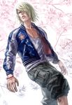  bibirii blonde_hair cherry_blossoms highres ivan_karelin jacket letterman_jacket male_focus purple_eyes purple_jacket solo tiger_&amp;_bunny 