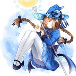  bow braid brown_hair crescent dress hat hat_bow long_hair mana_(418208360) mary_janes one_eye_closed oounabara_to_wadanohara pantyhose sailor_dress shoes solo star twin_braids wadanohara witch_hat 