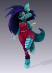  2015 3d_(artwork) action_pose anthro blue_fur blue_hair blue_nose bracelet canid canine canis clothed clothing digital_media_(artwork) ear_piercing female fur hair jayjay_(zoophobia) jewelry jumping legwear lemurfeature long_hair looking_at_viewer mammal piercing pose red_eyes simple_background smile solo stockings stripes teeth tuft were werecanid werecanine werewolf wide_hips wolf zoophobia 
