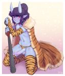  1boy absurdres animal_print artist_name bar_censor blue_skin bridal_gauntlets cape censored club collar elbow_gloves erection eyebrows_visible_through_hair full_body fur-trimmed_cape fur_trim gloves highres horns ittla kanabou kneeling kyou_(ittla) long_hair looking_at_viewer male_focus navel oni oni_horns original panties panties_aside penis pointy_ears ponytail print_gloves print_legwear print_panties purple_hair red_eyes setsubun solo spiked_collar spikes testicles thick_eyebrows thighhighs tiger_print trap underwear weapon 