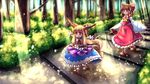  ascot belt blonde_hair bow brown_eyes brown_hair commentary dappled_sunlight detached_sleeves facing_away forest gohei hair_bow hakurei_reimu horn_ribbon horns ibuki_suika layered_skirt light_rays long_hair low-tied_long_hair meowpoo multiple_girls nature open_mouth outdoors outstretched_arms path red_eyes ribbon road shirt sidelocks skirt skirt_set sleeveless sleeveless_shirt smile spread_arms sunbeam sunlight touhou very_long_hair walking wrist_cuffs 