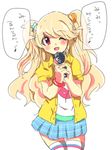  aikatsu! aikatsu!_(series) bad_id bad_pixiv_id blonde_hair blush long_hair microphone minai_ashi natsuki_mikuru one_eye_closed open_mouth red_eyes simple_background smile solo thighhighs white_background 