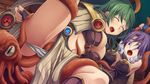  2girls armor dark_matrix eyes_closed fingerless_gloves gloves green_hair highres imminent_rape moonshell multiple_girls octopus open_mouth purple_eyes purple_hair ragnarok_online restrained wizard_(ragnarok_online) 