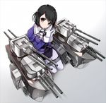  banned_artist black_hair brown_eyes cannon gloves gradient gradient_background haguro_(kantai_collection) hair_ornament hands_together kantai_collection md5_mismatch pantyhose seiza short_hair sitting smile solo tetsubuta turret white_gloves 