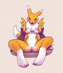  3_toes anthro areola big_areola black_sclera blue_eyes breasts canine chest_tuft claws digimon female fox fur gloves looking_at_viewer mammal mane markings nipples nude pussy renamon sitting snowskau solo spread_legs spreading tuft under_boob 