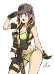  armband bikini blue_eyes breasts cleavage eotech gloves gradient_hair gun hat kws load_bearing_vest looking_at_viewer medium_breasts military_operator multicolored_hair navel o-ring o-ring_bottom open_mouth original purple_hair rifle short_hair solo swimsuit weapon 