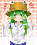  &gt;:) arms_up blush buttons collared_shirt cosplay detached_sleeves dots dress_shirt frog_hair_ornament green_eyes green_hair hair_ornament hair_tubes hat kochiya_sanae long_hair looking_at_viewer moriya_suwako moriya_suwako_(cosplay) namino. pyonta shirt simple_background smile snake_hair_ornament solo touhou upper_body v-shaped_eyebrows 