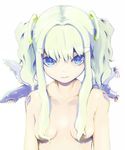  android asymmetrical_wings blue_eyes breasts expressionless green_hair hair_ornament highres long_hair mechanical_wings nude original revision shindou_kamichi simple_background small_breasts solo twintails wings 